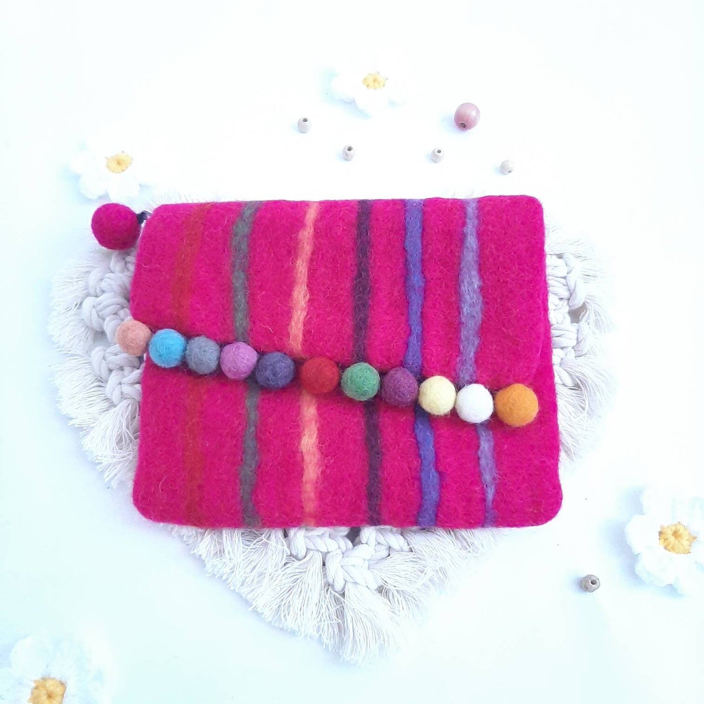 Clearance Sale 100%Wool Felted Purse rainbow colourful wool ball hand bag key bag change purse women's bag