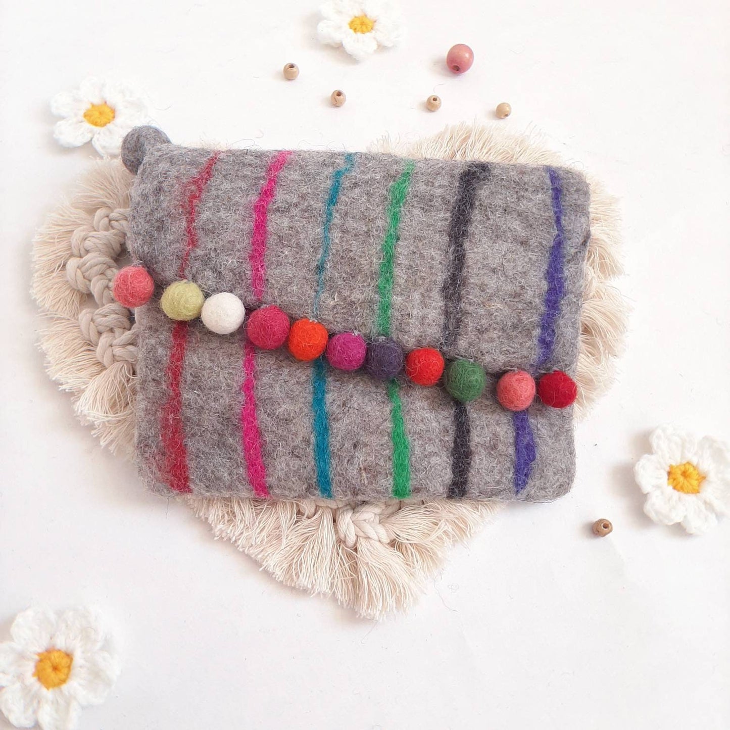 Clearance Sale 100%Wool Felted Purse rainbow colourful wool ball hand bag key bag change purse women's bag