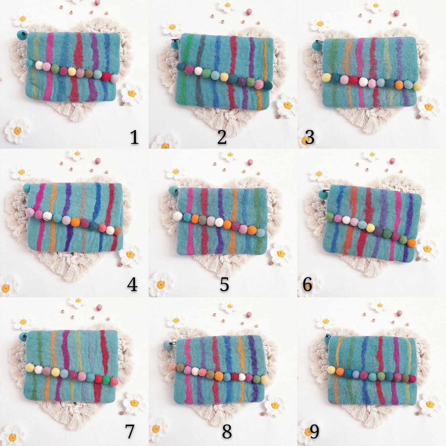 Clearance Sale 100%Wool Felted Purse rainbow colourful wool ball hand bag key bag change purse women's bag