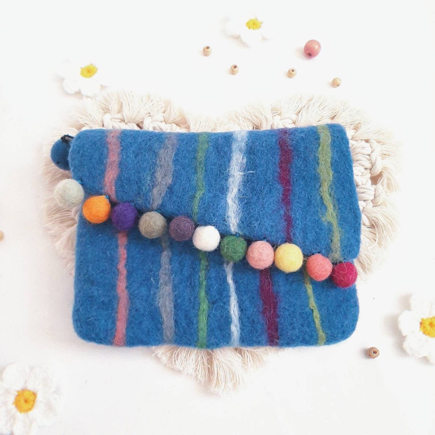 Clearance Sale 100%Wool Felted Purse rainbow colourful wool ball hand bag key bag change purse women's bag