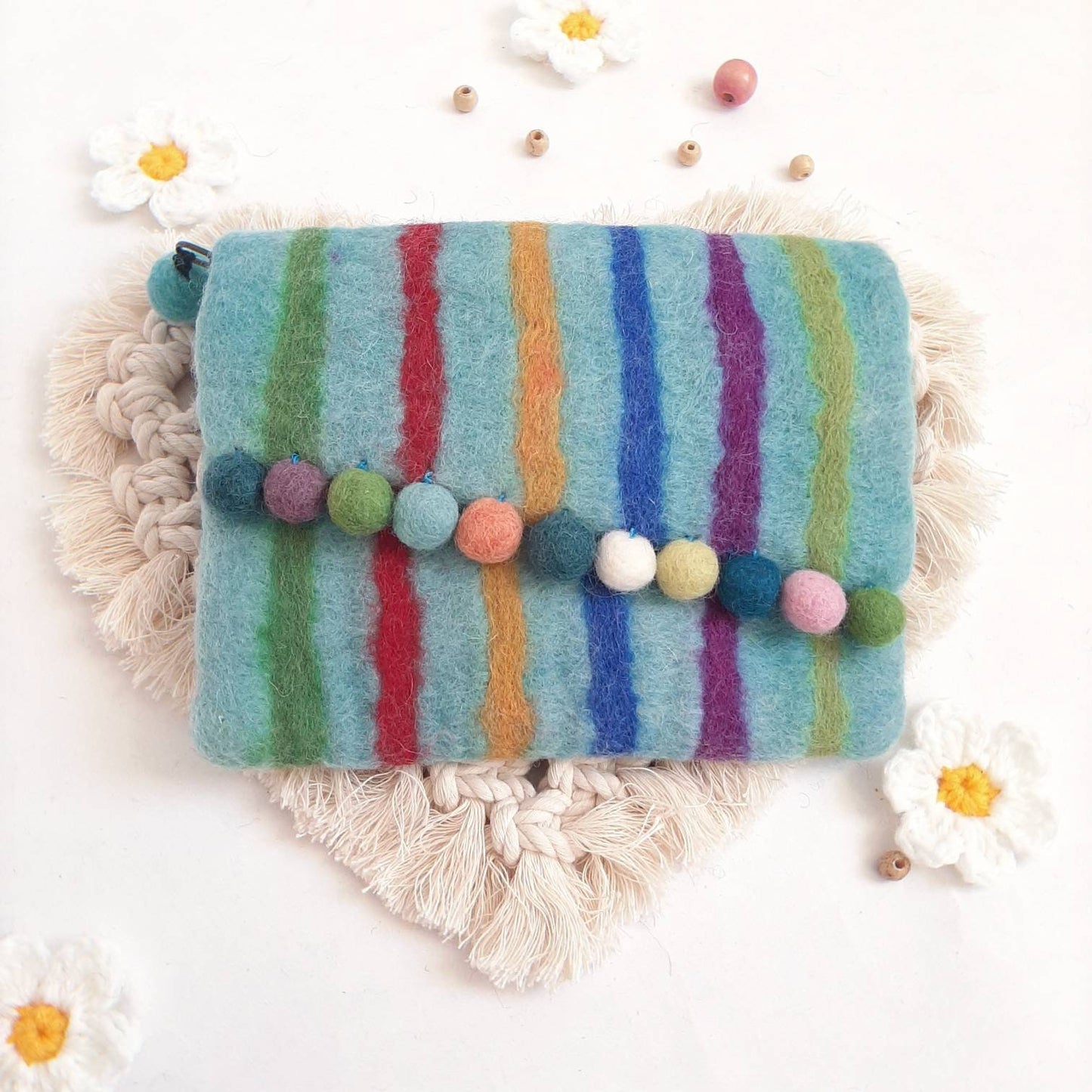 Clearance Sale 100%Wool Felted Purse rainbow colourful wool ball hand bag key bag change purse women's bag